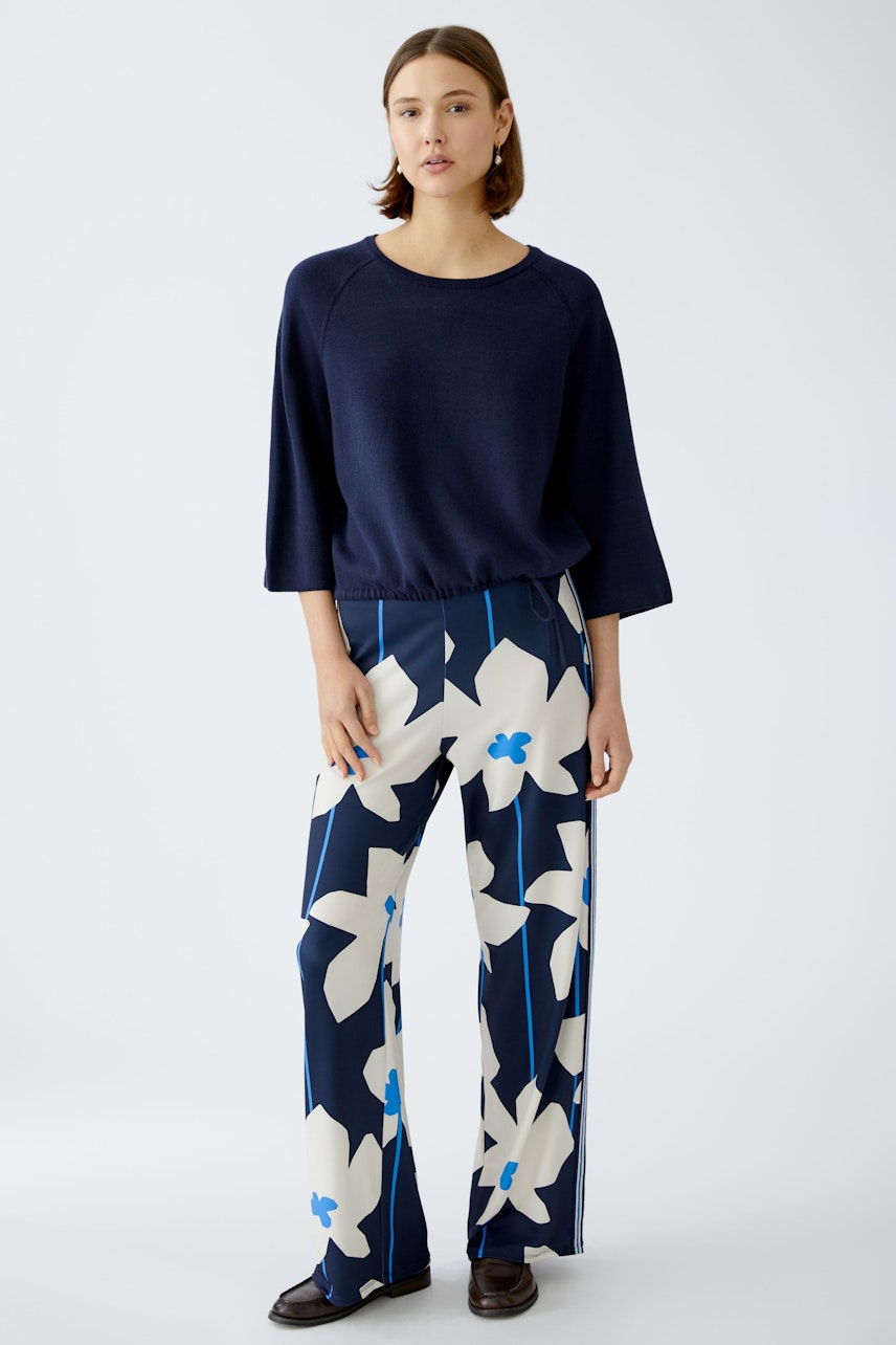 Oui Dark Blue Flower Trousers