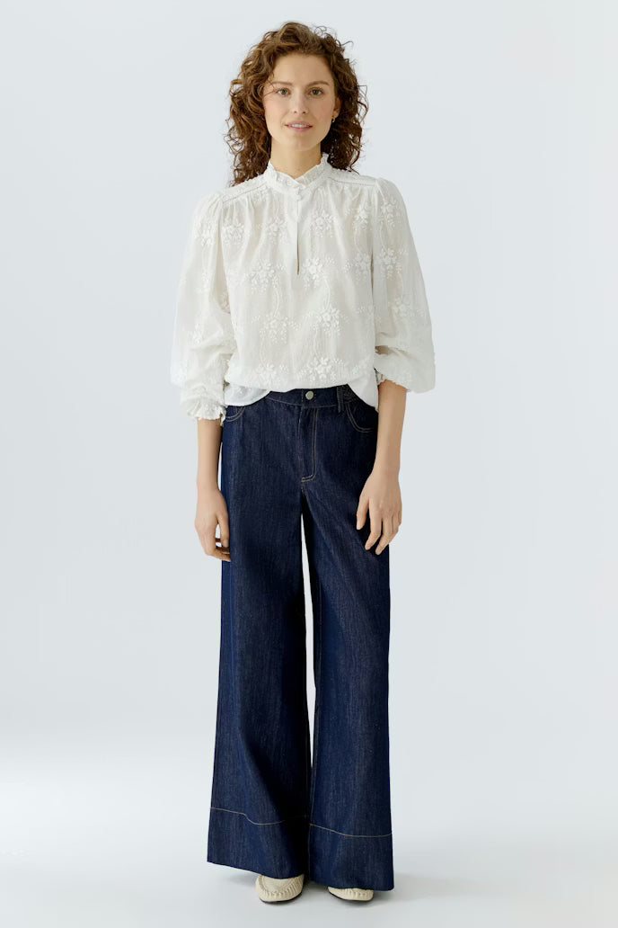 Oui Dainty Flower Embroidery White Blouse