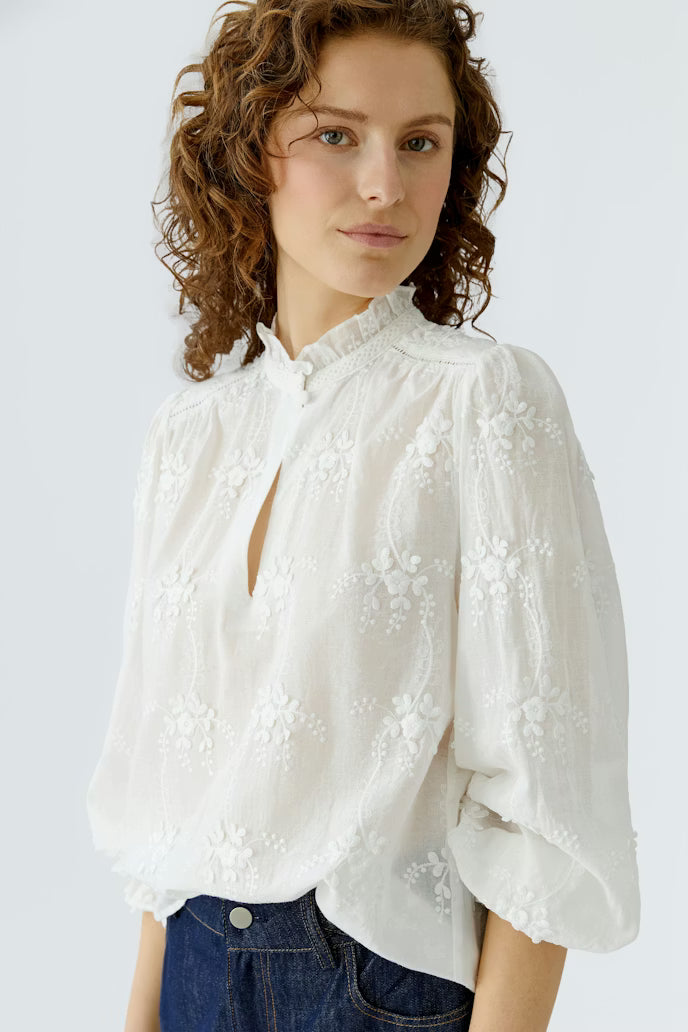 Oui Dainty Flower Embroidery White Blouse