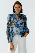 Oui Bold Navy Floral Tie Blouse
