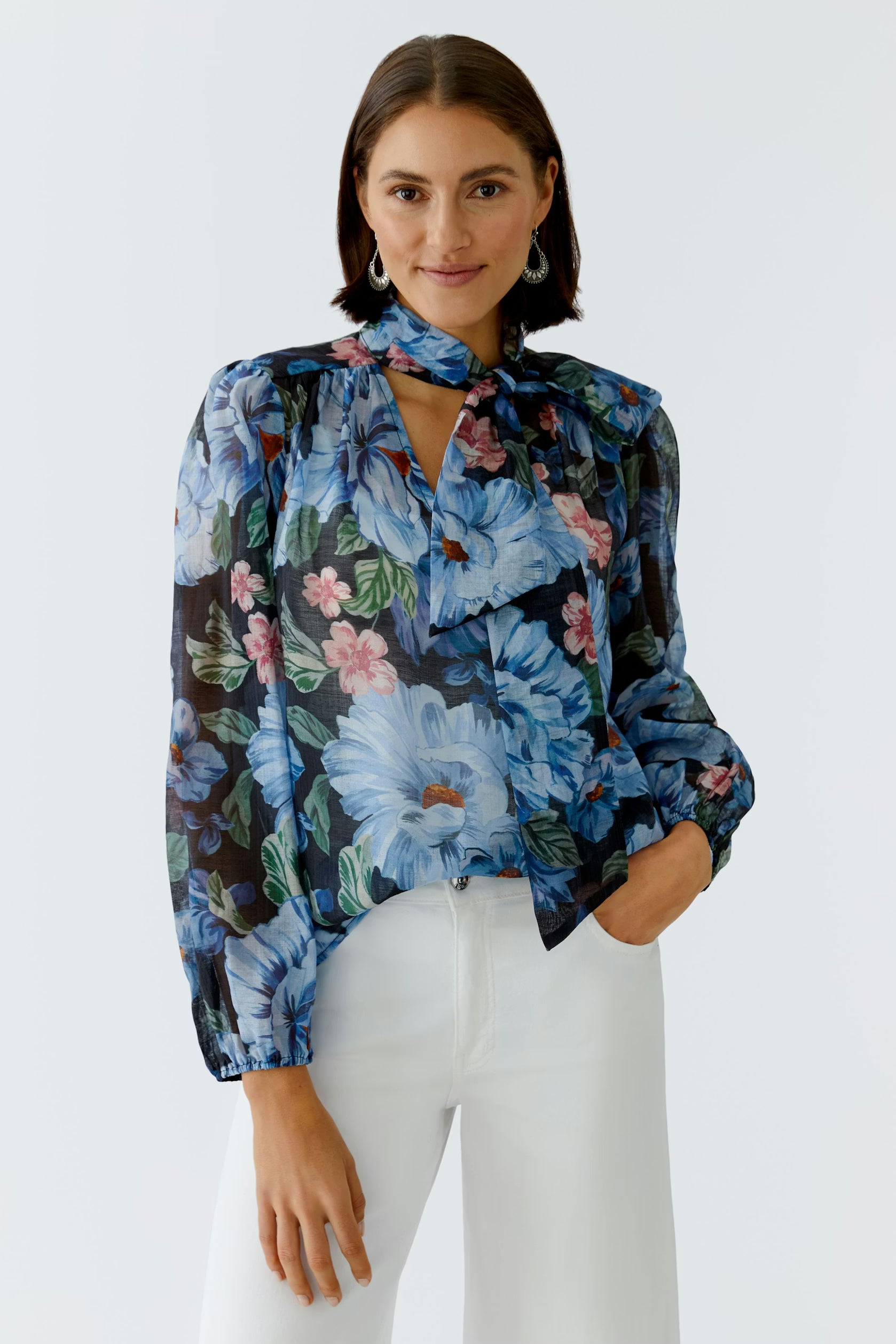 Oui Bold Navy Floral Tie Blouse