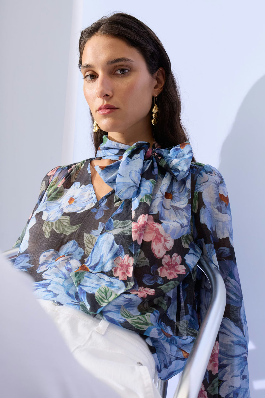 Oui Bold Navy Floral Tie Blouse