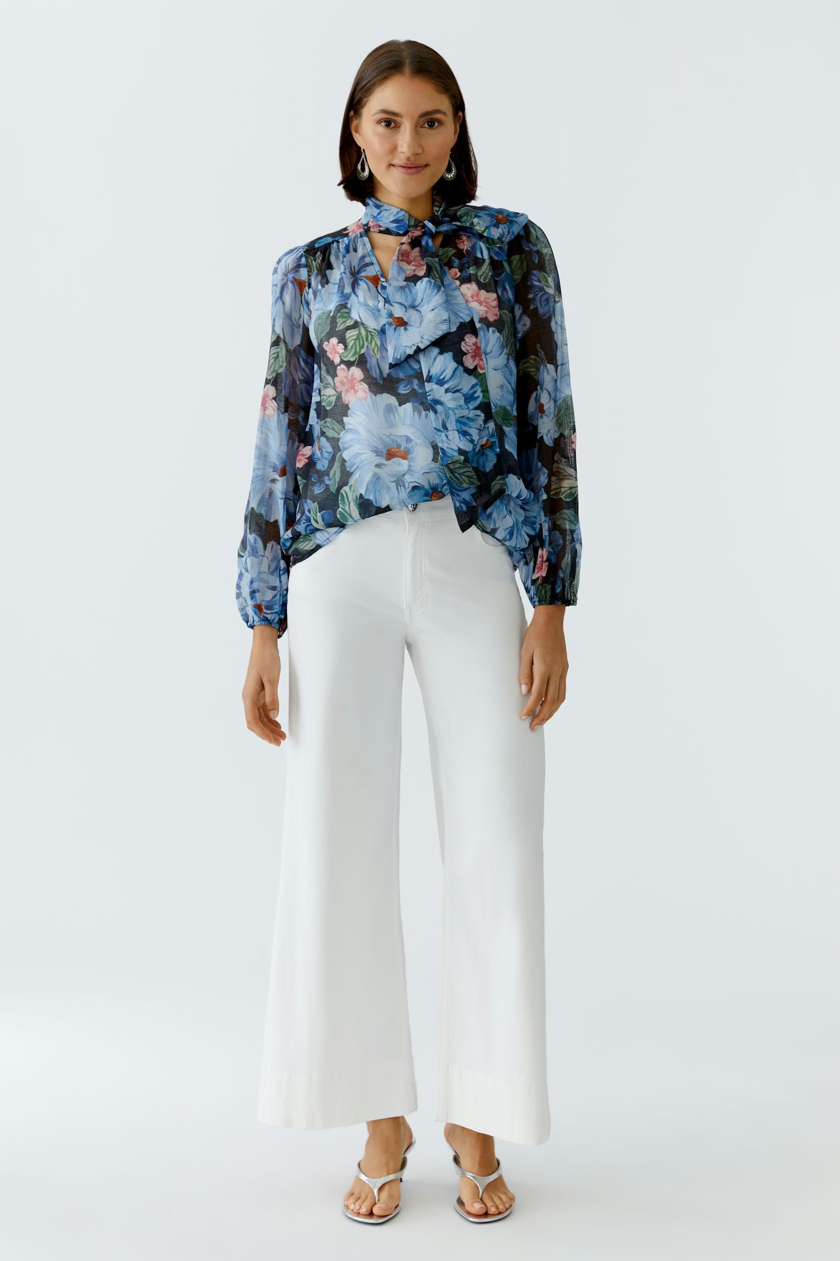 Oui Bold Navy Floral Tie Blouse