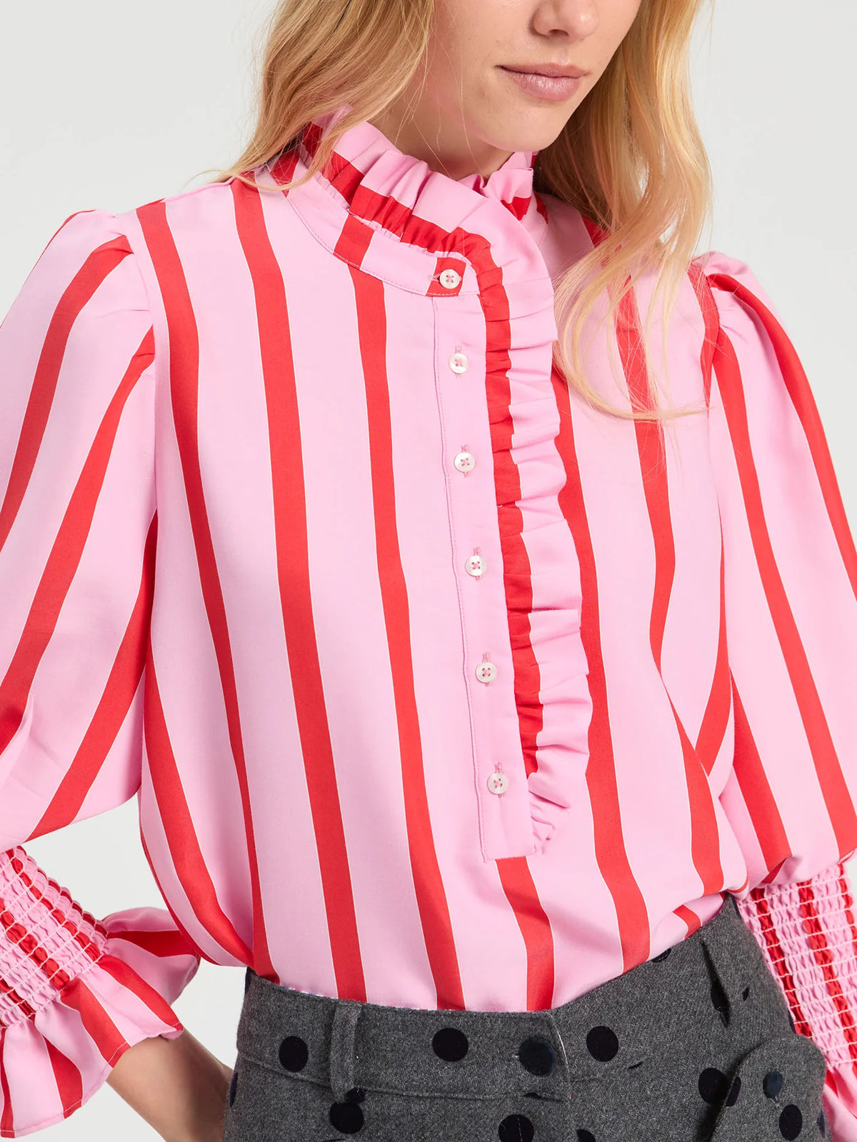 Vilagallo Red/Pink Striped Ruffle Shirt