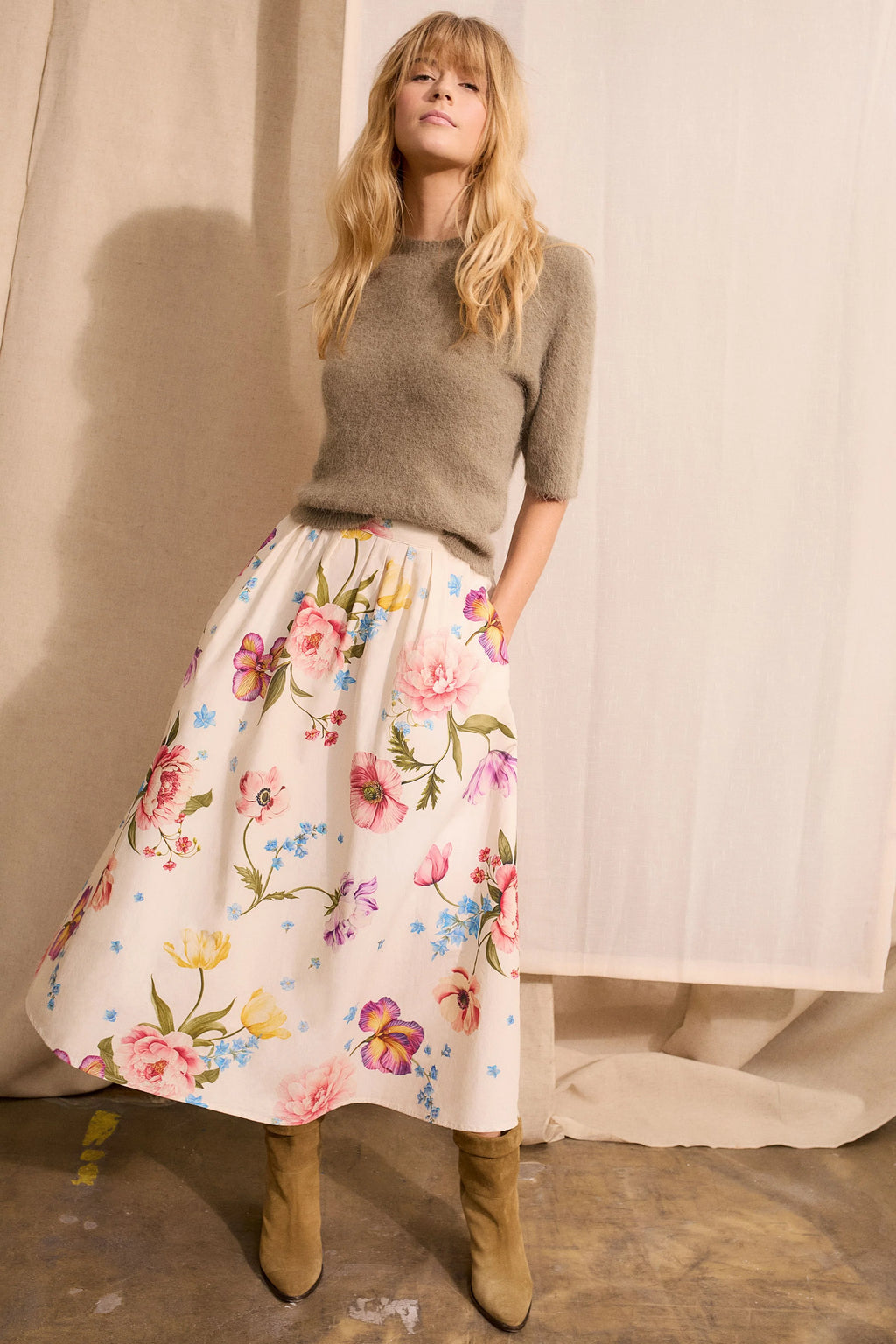 Oui Floral A Line Midi Skirt