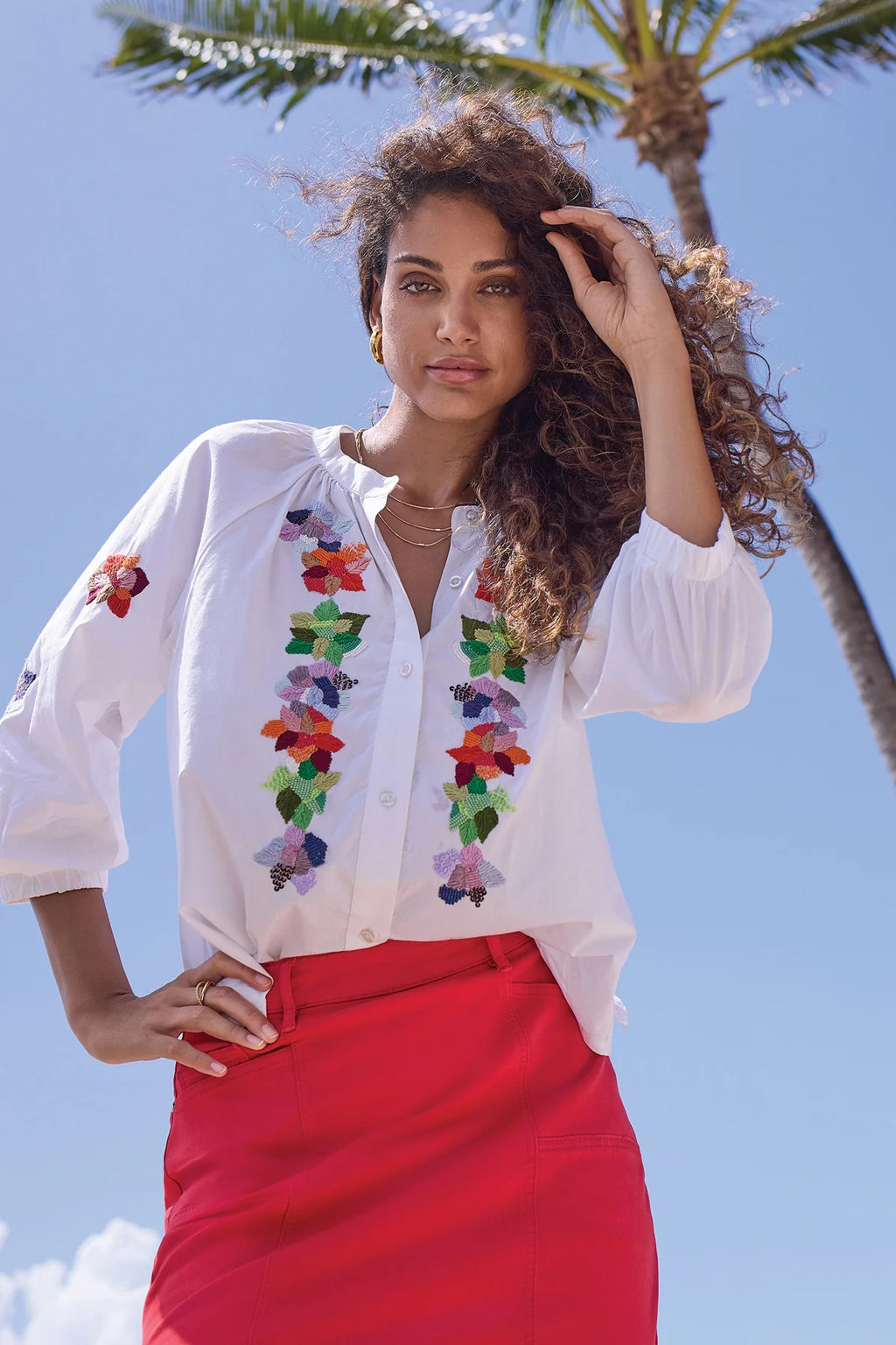 Tribal Beaded Round Neck Cotton Top