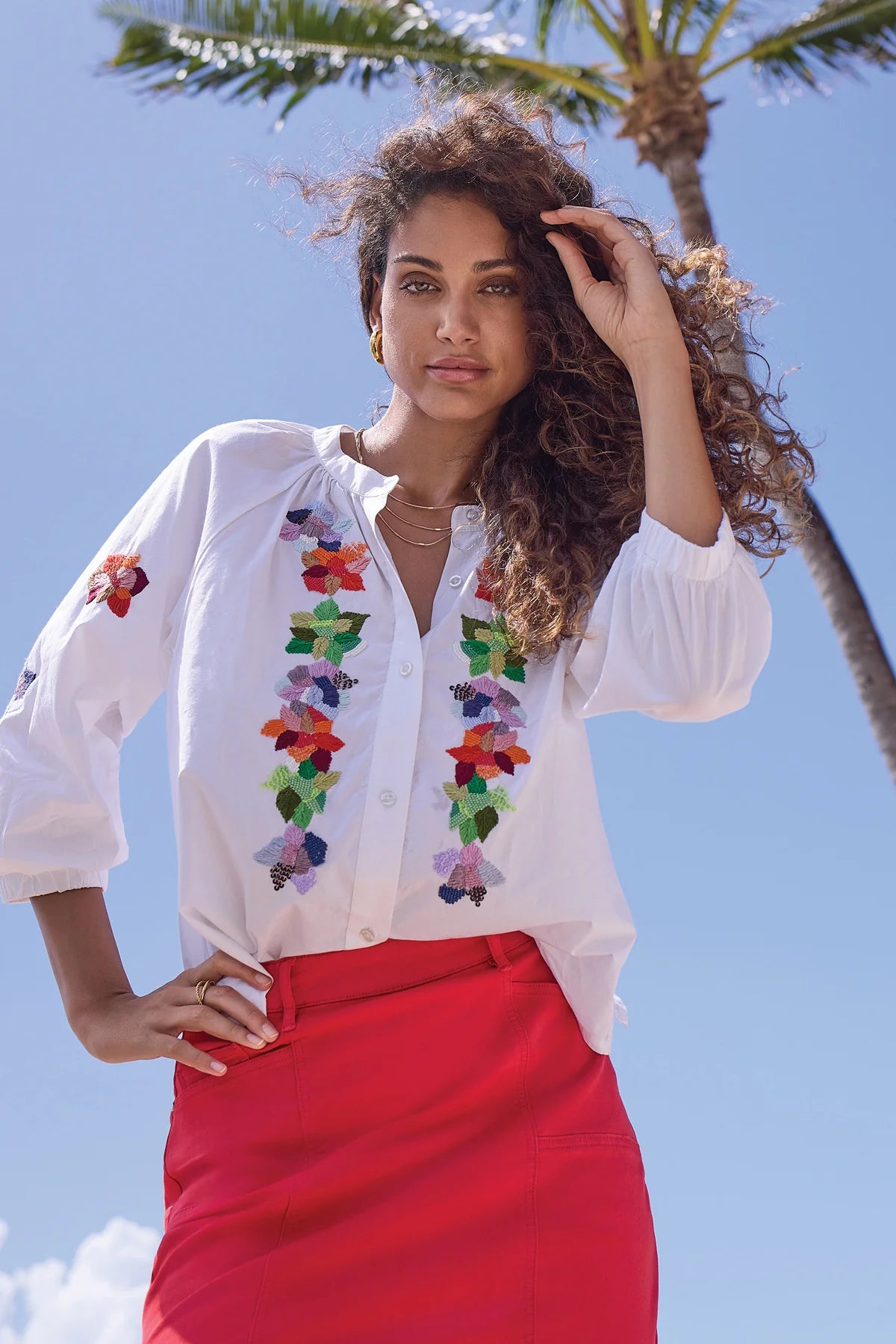 Tribal Beaded Round Neck Cotton Top