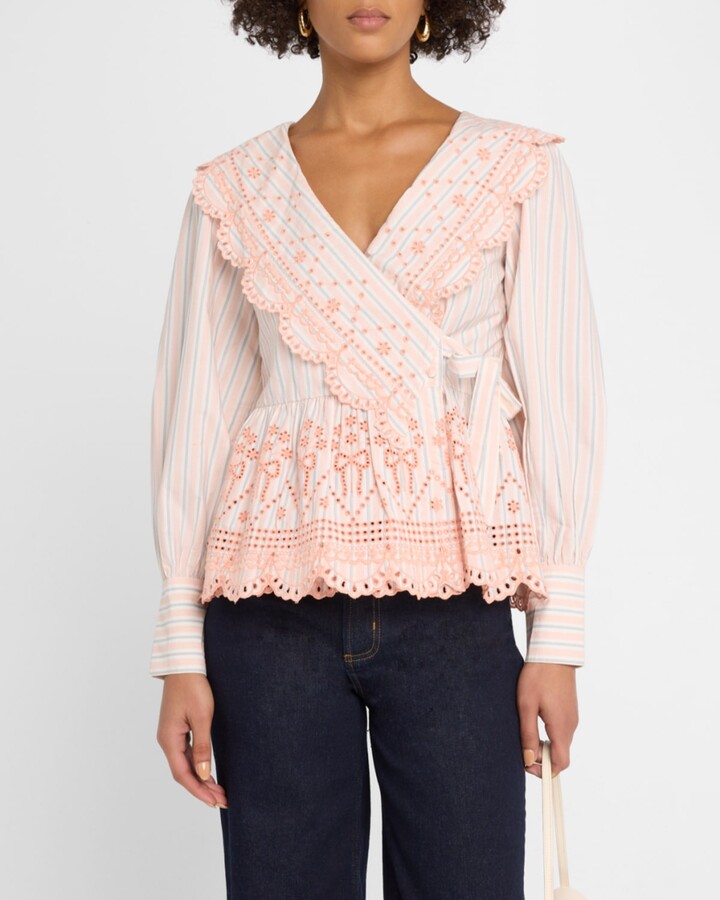 Damson Madder Anais Embroidered Wrap  Blouse - Apricot Business Stripe