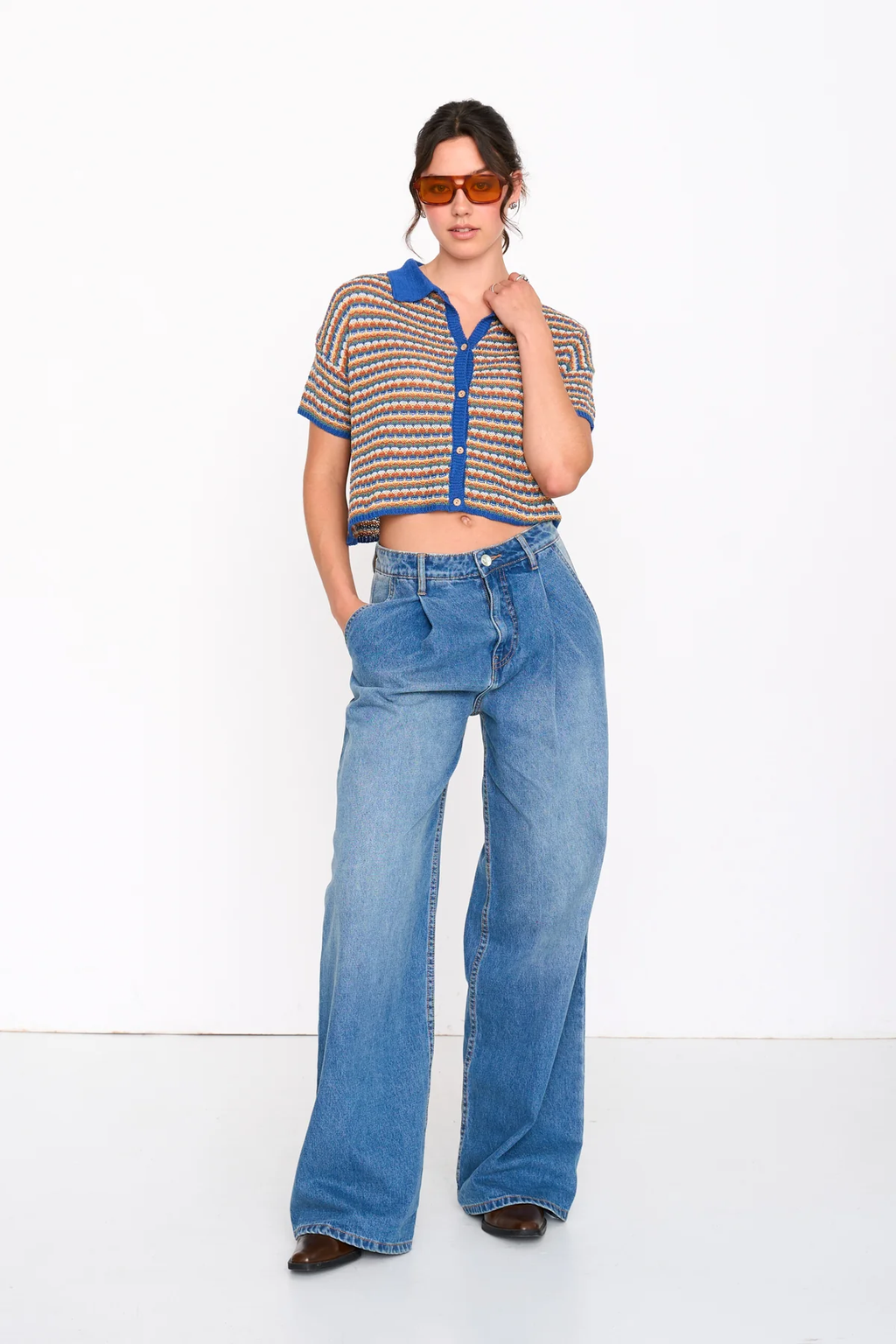 24Colours Striped Knit Collared Top