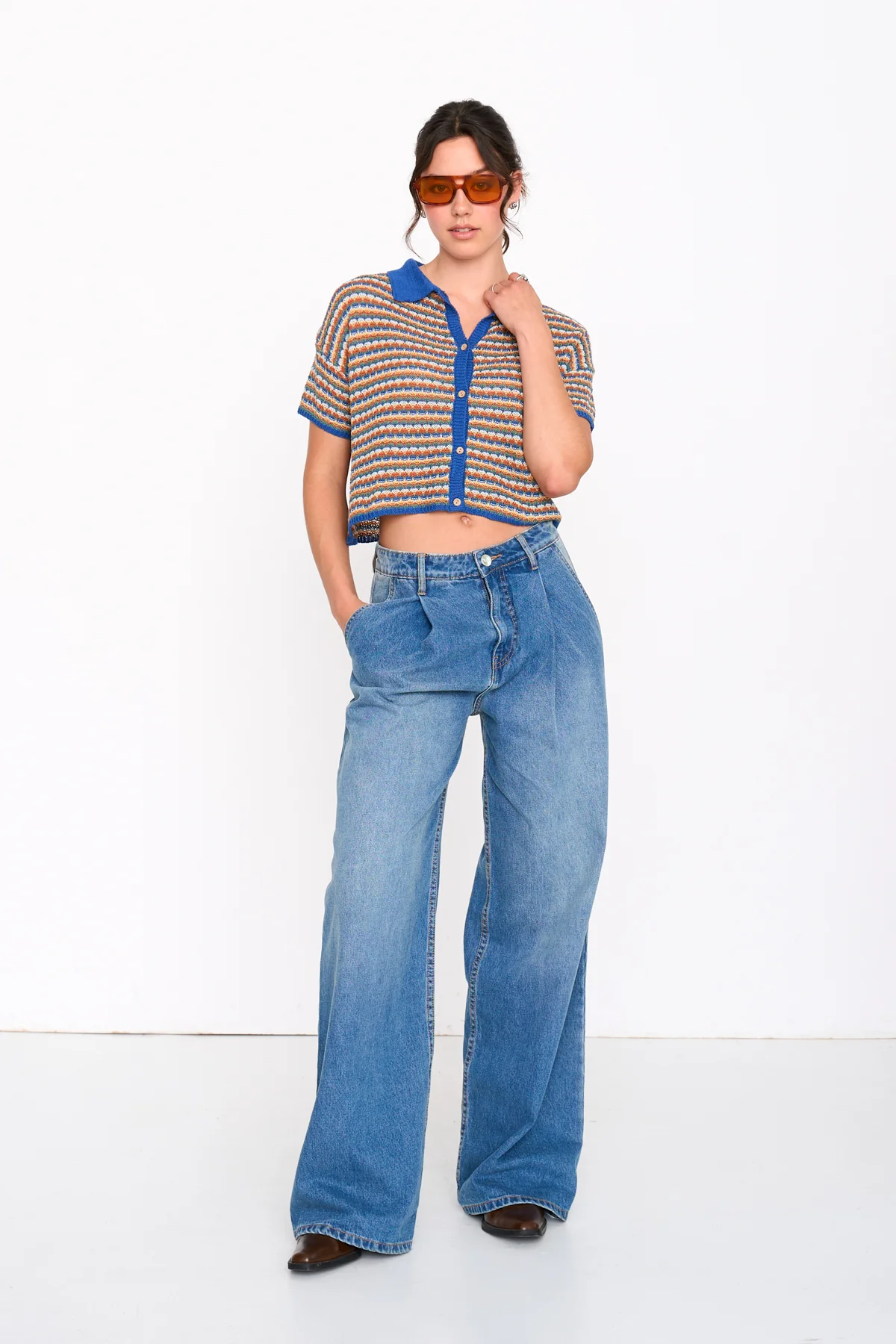 24Colours Striped Knit Collared Top