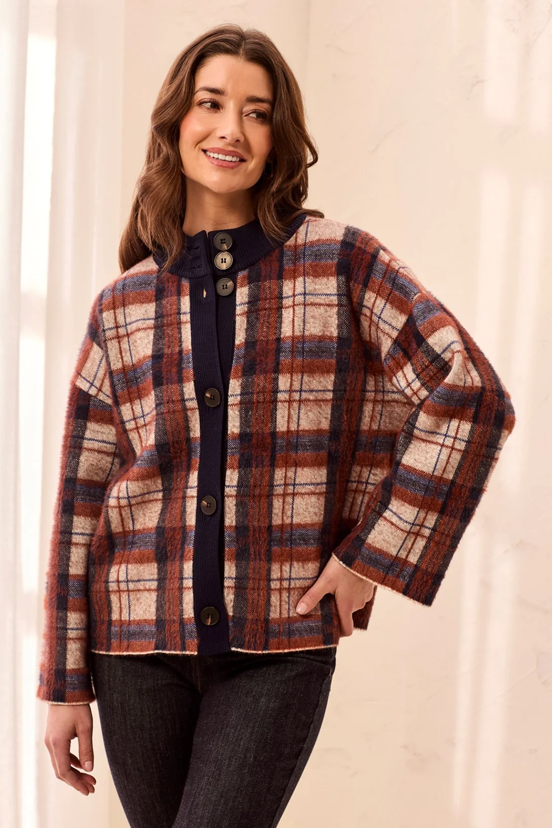Tribal Mock Neck Plaid Cardigan