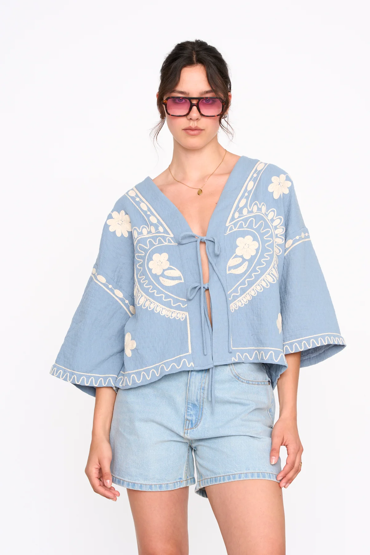 24Colours Teal Tie up Embroidered Shirt