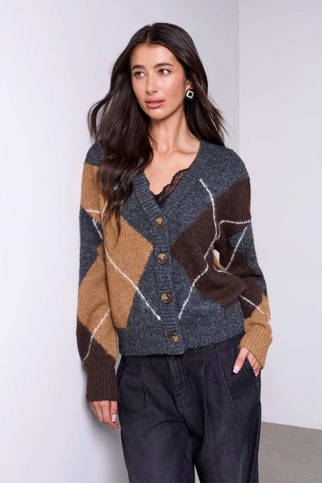 Tribal Premium Argyle Knit Cardigan