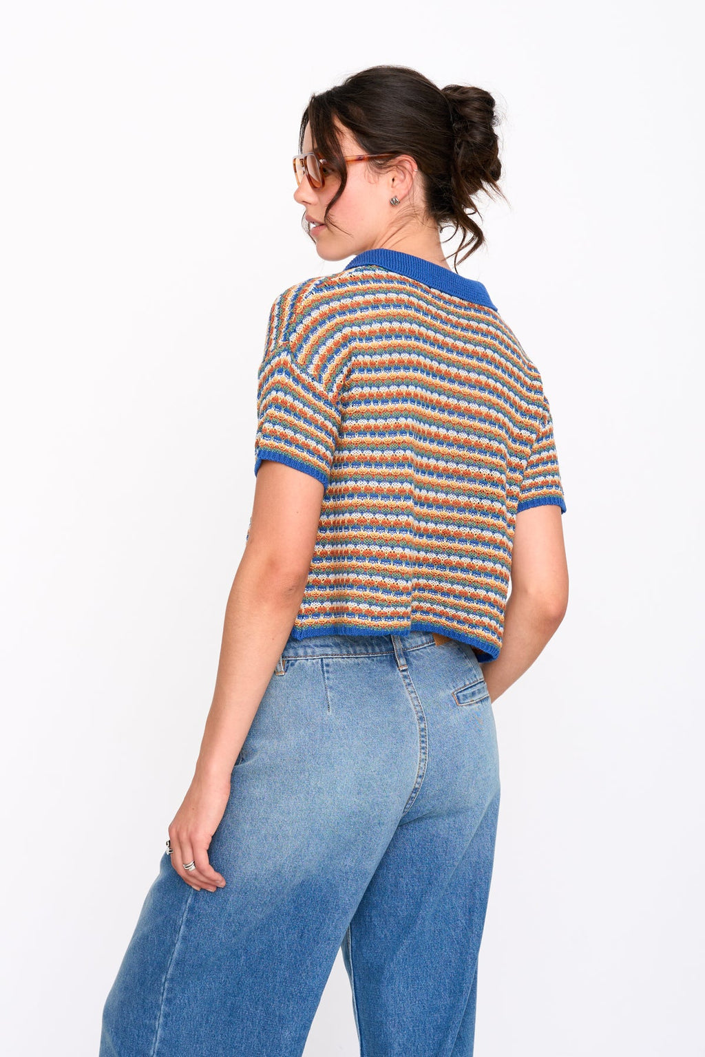 24Colours Striped Knit Collared Top