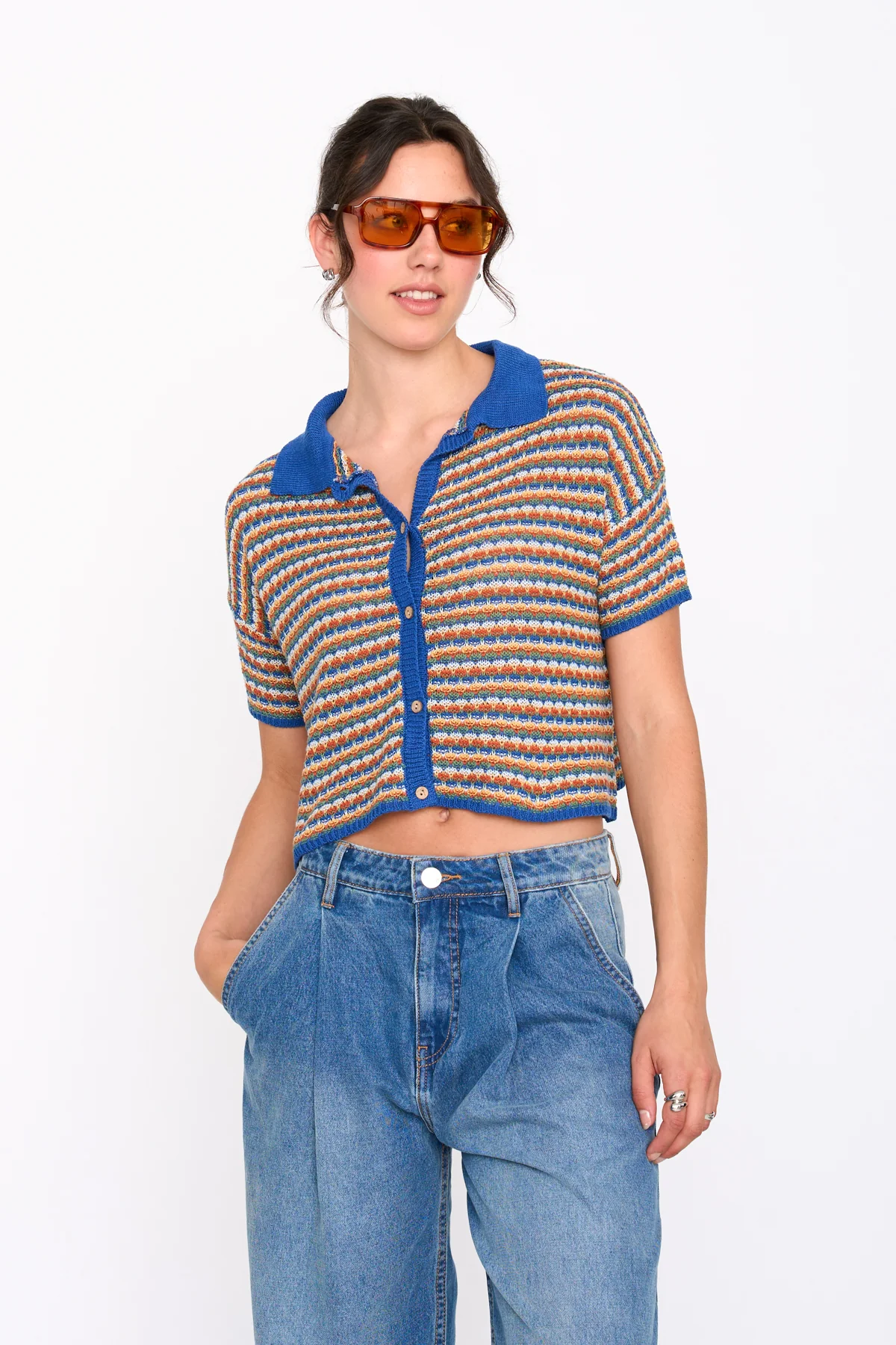 24Colours Striped Knit Collared Top