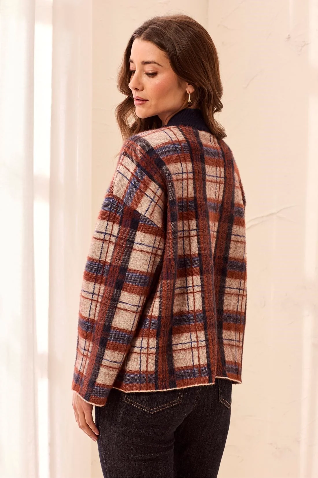 Tribal Mock Neck Plaid Cardigan