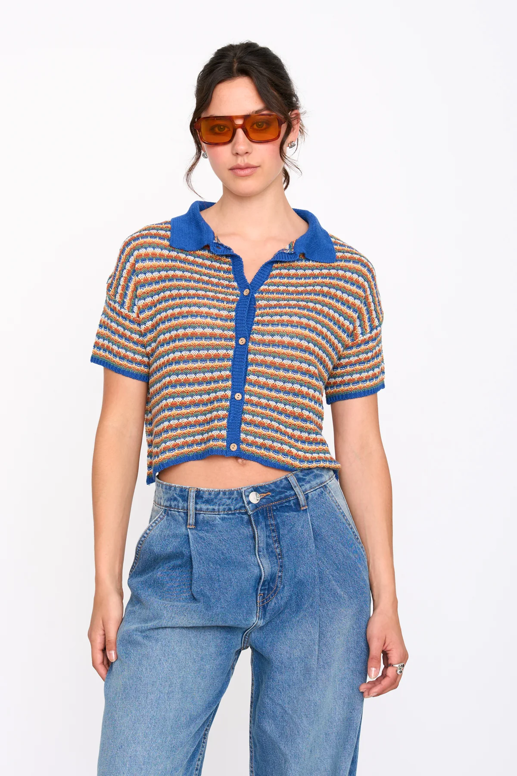 24Colours Striped Knit Collared Top