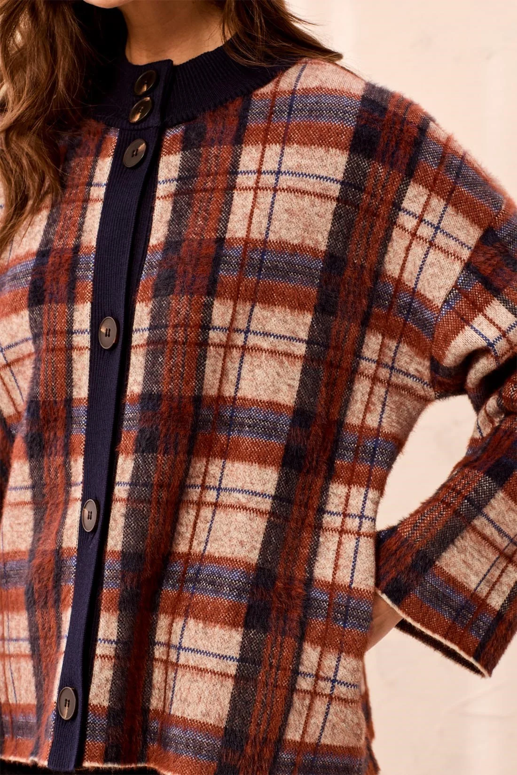 Tribal Mock Neck Plaid Cardigan