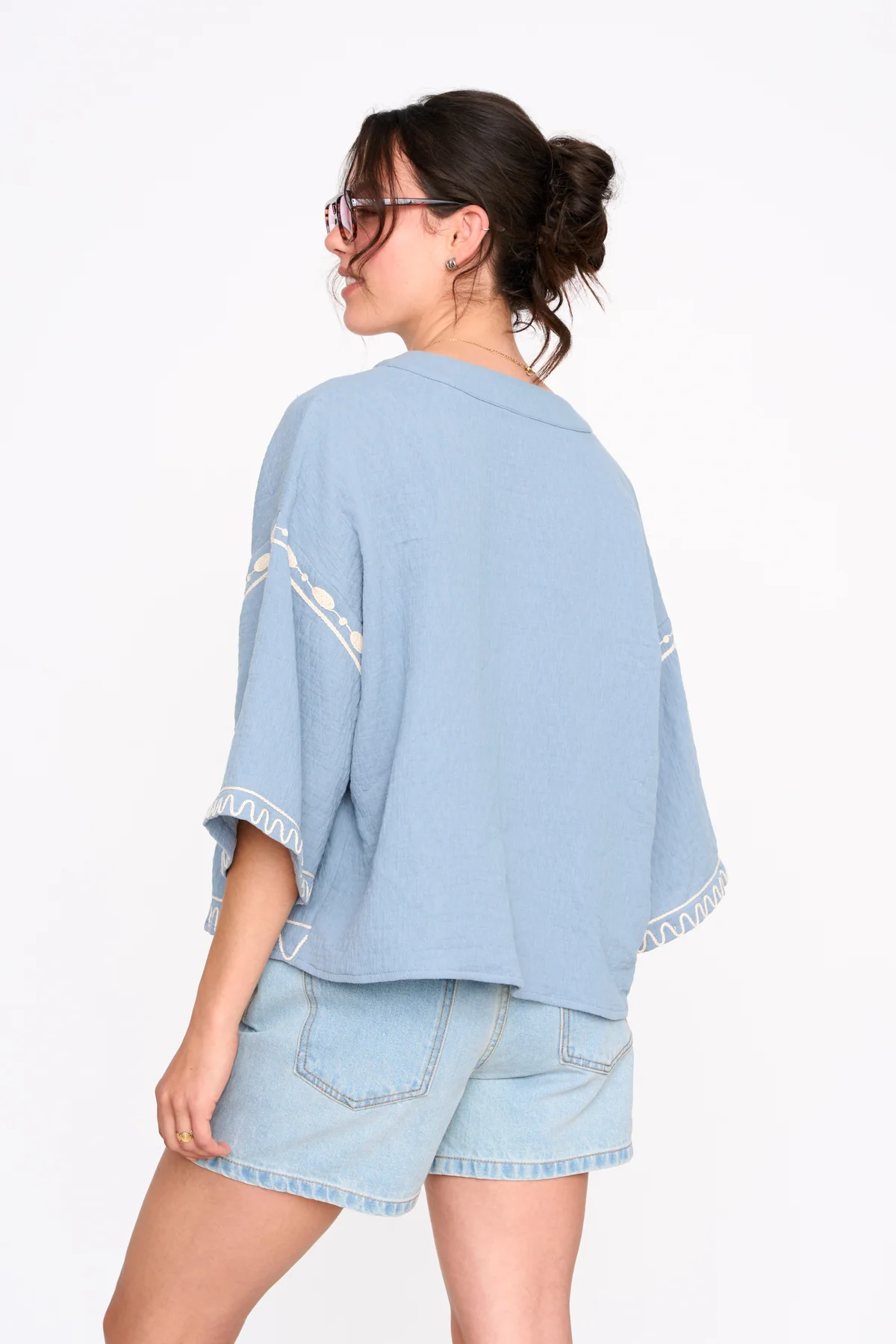 24Colours Teal Tie up Embroidered Shirt