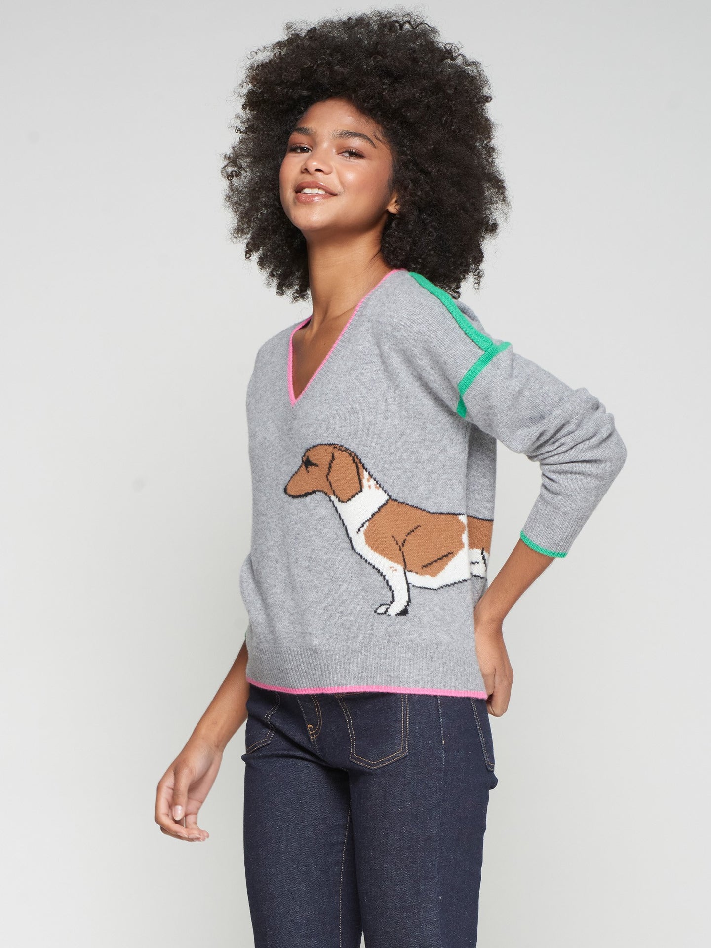Vilagallo Daschund V Neck Knit Sweater